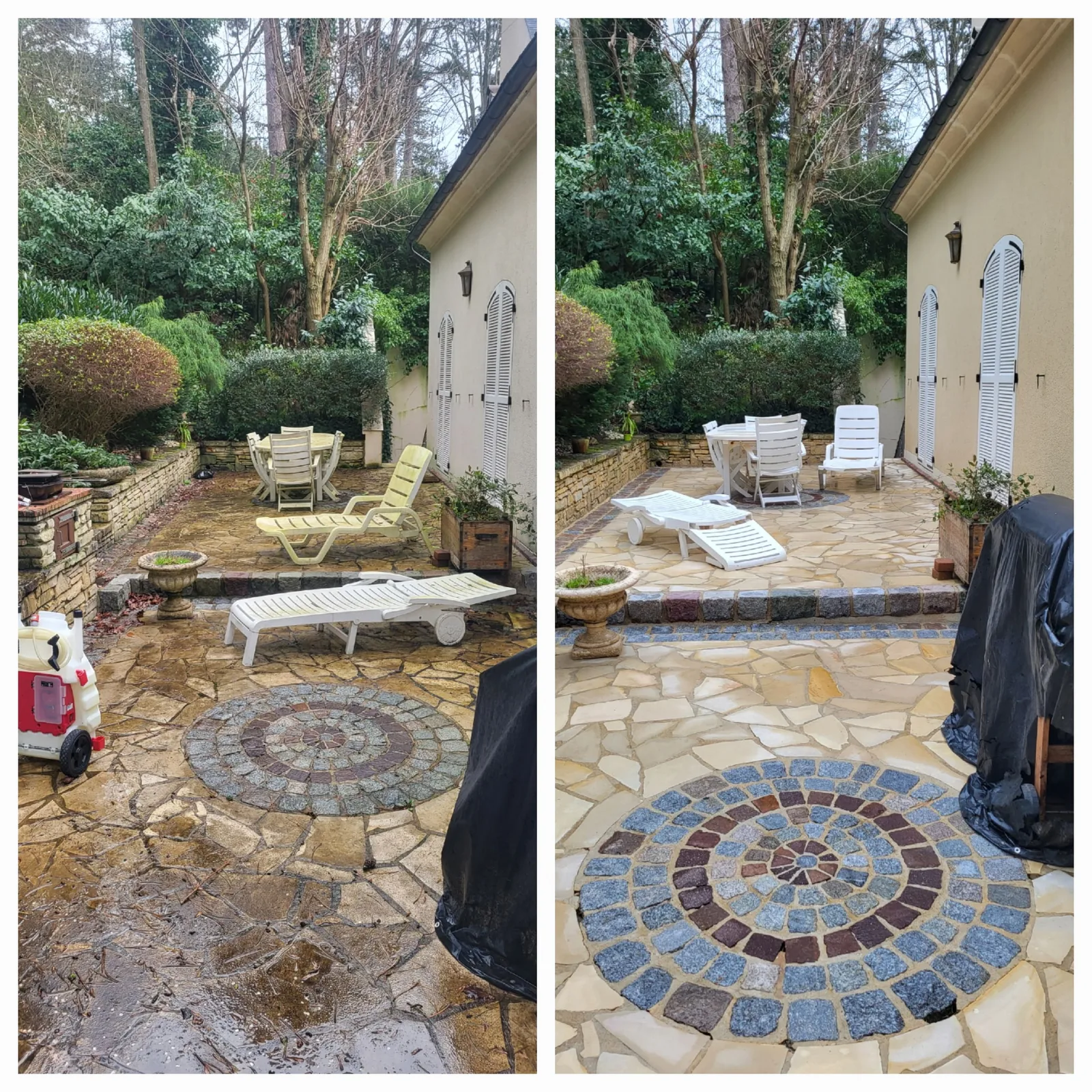 Nettoyage d'une terrasse en pierre, avant / après — Nettoyage